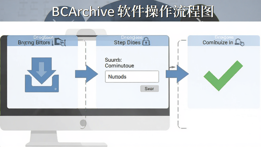BCArchive软件操作流程图,主体为电脑屏幕展示压缩步骤,布局为从左到右三步操作示意,排版横向展开,风格为扁平化教学风,细节包含拖拽箭头、密码输入框、完成勾选标记,画质清晰,画面干净,无多余元素