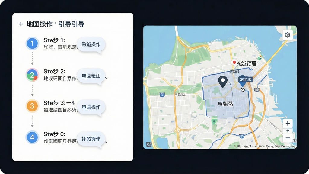 一张展示电子地图标注操作引导与实时预览功能的界面图,画面中央是分步操作面板与地图预览窗口并列,面板上有步骤序号与提示文字,预览窗口显示标注后的地图效果,布局为左右并列,风格为现代扁平化设计,细节包括步骤圆点、提示气泡、预览标记,画质高清,干净,无多余元素