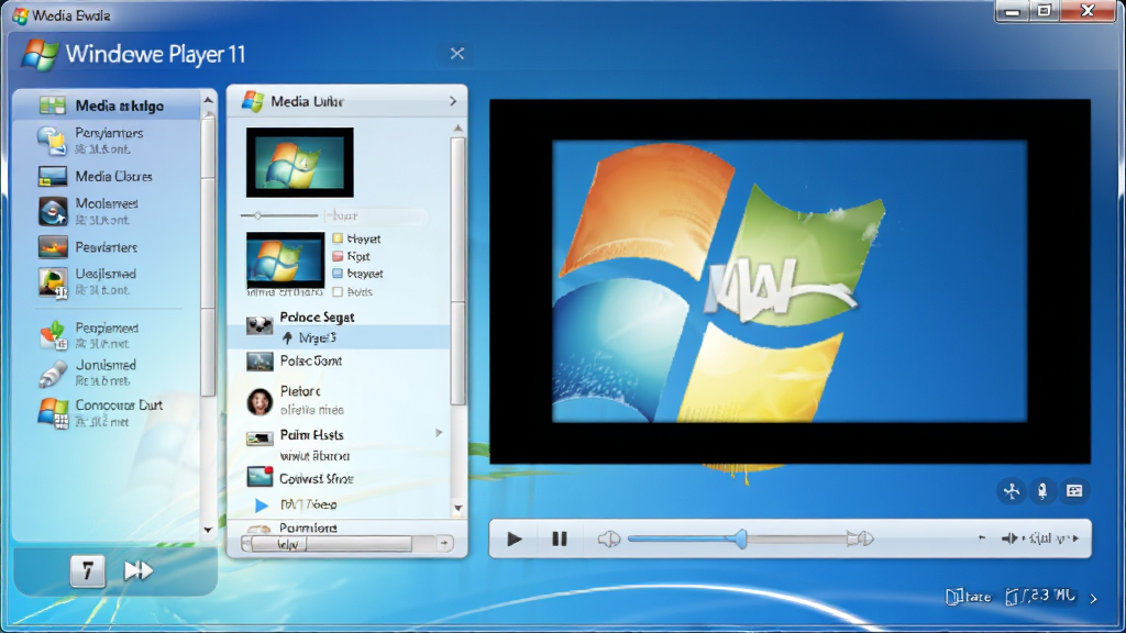 Windows Media Player 11 经典蓝色播放界面,居中展示媒体库与播放列表,左侧导航栏,右侧视频预览区,背景为Windows Vista风格毛玻璃效果,界面干净整洁,高清画质,无多余元素
