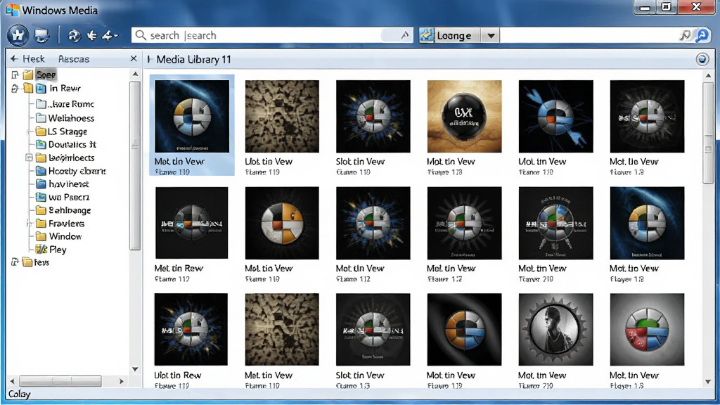 Windows Media Player 11 媒体库界面截图,展示专辑封面网格排列,顶部搜索框,左侧导航树,界面风格清爽,文字清晰,画质干净