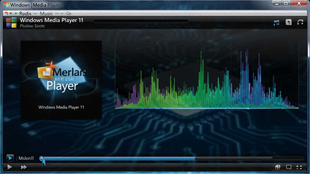 Windows Media Player 11 正在播放音乐界面,显示可视化效果与专辑封面,频谱跳动,深色背景,科技感十足,高清画质,无杂乱元素