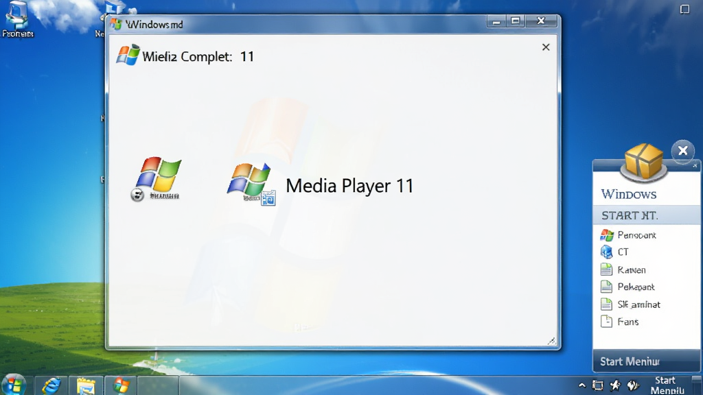 Windows Media Player 11 在Windows桌面上的安装完成界面,显示快捷方式图标与开始菜单,背景为经典Windows壁纸,画质清晰,干净整洁