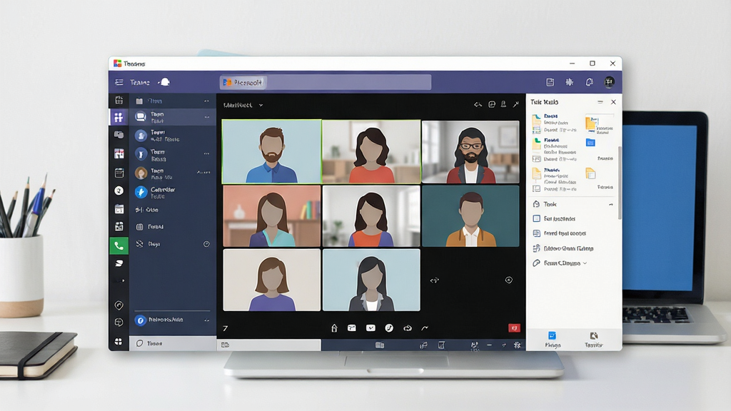 一张展示Microsoft Teams软件界面的全景图,画面中央是Teams主窗口,左侧边栏显示聊天、团队、日历、通话等图标,主区域显示一个正在进行视频会议的网格视图,右侧有文件共享和任务面板。布局采用现代办公桌面风格,背景是整洁的办公桌和笔记本电脑。风格为写实科技风,细节包括清晰的UI元素、人物头像占位、明亮的色彩搭配。画质高清,画面干净,无多余元素。