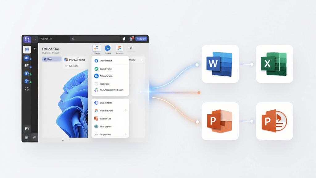 一张展示Microsoft Teams与Office 365深度集成的概念图,画面左侧是Teams界面,右侧是Word、Excel、PPT等应用图标,中间用光效连接线表示无缝协作。布局左右对称,风格为现代商务科技风,细节包括清晰的软件图标、流畅的连接线条、柔和的光影效果。画质高清,画面干净,无多余元素。