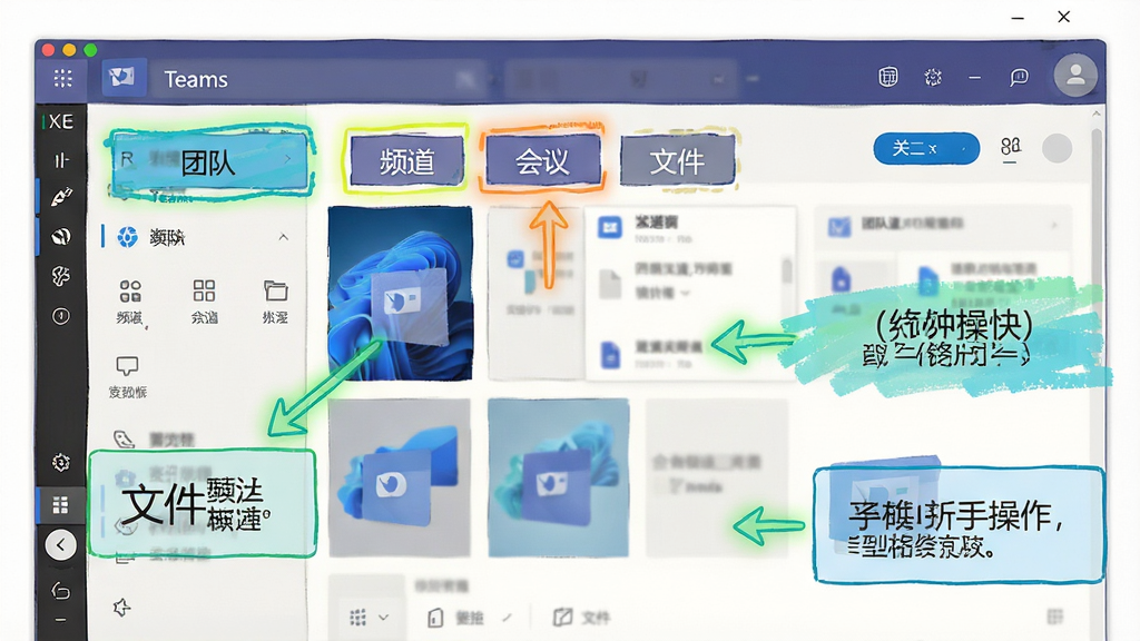 一张展示Microsoft Teams新手操作界面的截图风格示意图,画面主体是Teams窗口,用高亮标注出「团队」「频道」「会议」「文件」等关键按钮位置,旁边配有简洁的文字说明框。布局清晰,风格为教程示意图,细节包括明亮的标注色块、箭头指示、简洁的UI元素。画质高清,画面干净,无多余元素。