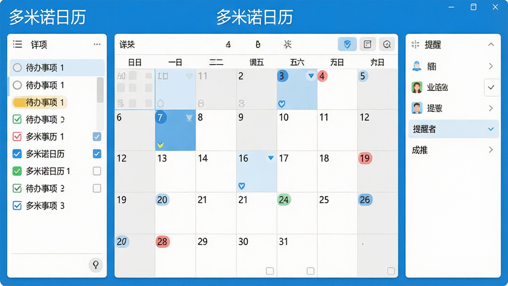软件主界面全貌展示,中央是日历月视图网格,左侧显示待办事项列表,右侧为提醒面板,整体采用清爽蓝白配色,界面简洁现代,屏幕上方显示“多米诺日历”文字标识,风格为扁平化UI设计,细节包括日期高亮、彩色标签分类、勾选框,画质清晰,干净无多余元素