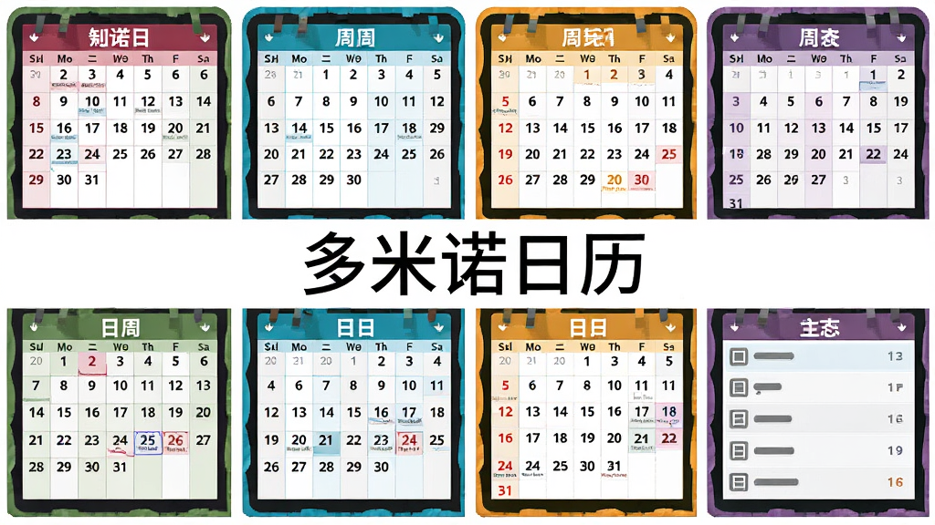 四个并排的日历视图缩略图,分别展示月、周、日、列表四种布局,每个视图用不同颜色边框区分,中间有“多米诺日历”文字标注,整体排版整齐,风格为扁平化信息图,画质清晰,干净无多余元素