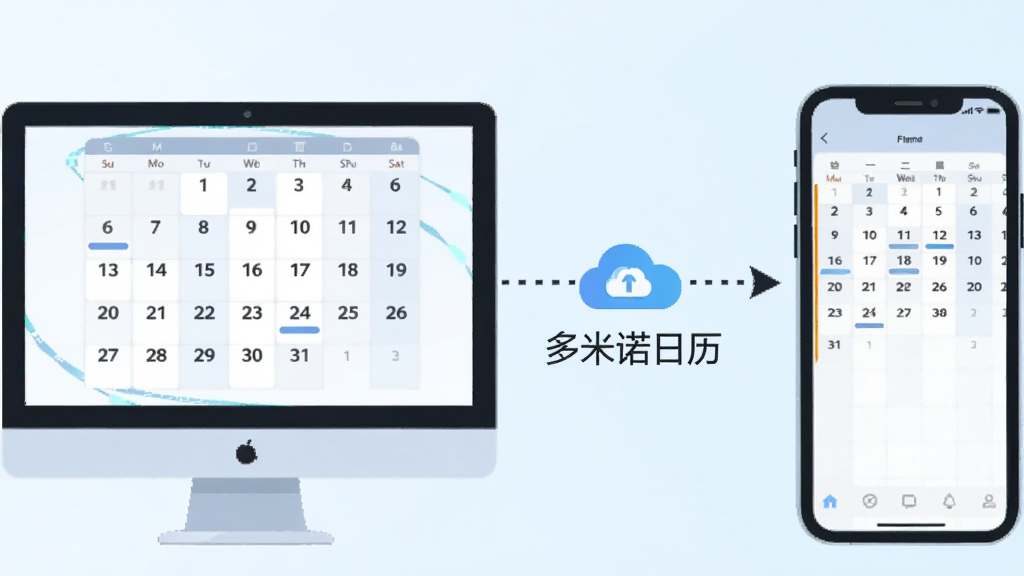 两台设备之间用虚线箭头连接,左侧为电脑屏幕显示日历,右侧为手机屏幕显示相同日程,箭头中间有云朵图标和“多米诺日历”文字,背景为淡蓝色渐变,风格为科技感扁平插画,画质清晰,干净无多余元素