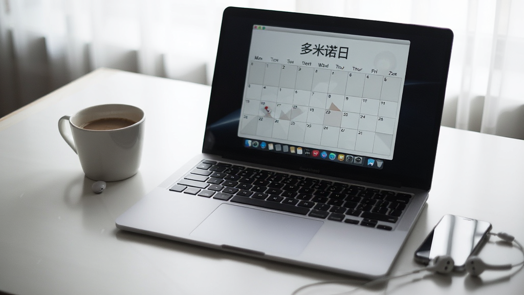 一台笔记本电脑和一部手机并排放在桌面上,屏幕均显示“多米诺日历”界面,电脑旁有一杯咖啡,手机旁有耳机,桌面整洁,光线柔和,风格为真实场景摄影感,画质清晰,干净无多余元素