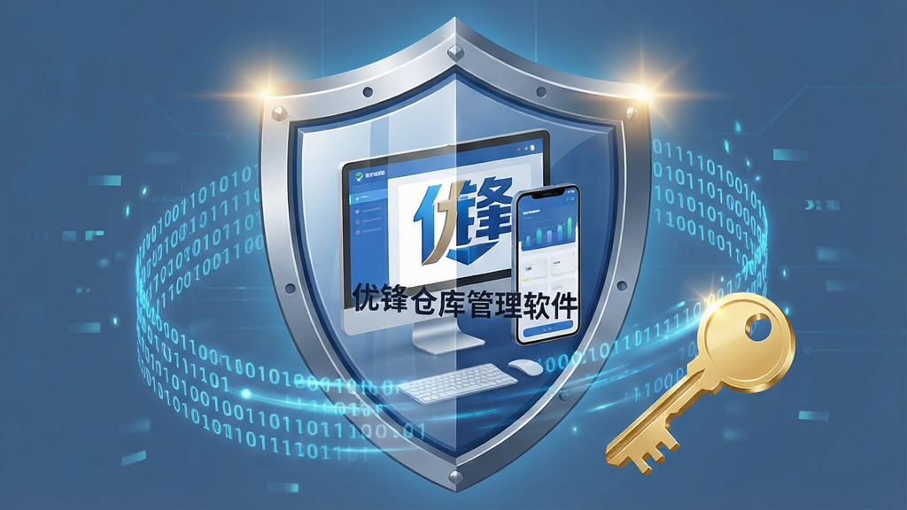 一张展示“优锋仓库管理软件”数据备份与安全防护概念图,主体是一个带有“优锋仓库管理软件”标志的坚固盾牌,盾牌表面反射出电脑屏幕和手机屏幕的界面,周围环绕着代表数据的二进制代码流和一把金色的钥匙。布局为居中构图,风格为科技感插画,细节包括金属质感、光晕效果、数据流动态感,画质为4K超高清,画面干净,无多余元素。