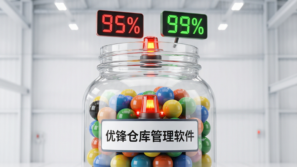 一张展示“优锋仓库管理软件”库存预警功能的创意概念图,主体是一个巨大的透明玻璃罐,里面装满了代表商品的彩色小球,罐子外侧贴有“优锋仓库管理软件”的标签,罐口上方悬浮着红色和绿色的数字百分比。布局为纵向构图,风格为3D渲染写实,细节包括玻璃反光、小球的光泽质感、警报灯闪烁效果,画质为4K超高清,画面干净,无多余元素。