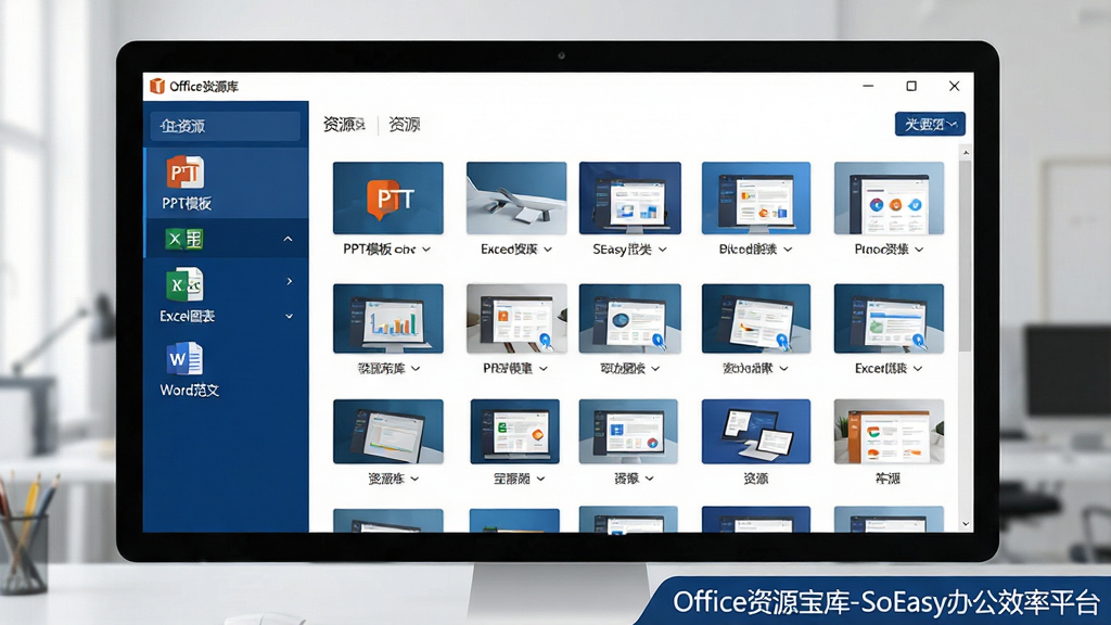 一张展示Office资源宝库-SoEasy办公效率平台软件界面的全景图,画面中央是整洁的软件主窗口,左侧为分类清晰的资源导航栏,包含PPT模板、Excel图表、Word范文等图标,右侧为素材缩略图预览区域,整体布局采用现代扁平化设计风格,配色以沉稳的深蓝与亮白为主,界面干净无广告,画质清晰锐利,屏幕角落带有“Office资源宝库-SoEasy办公效率平台”文字标识,主体突出,无多余装饰元素。