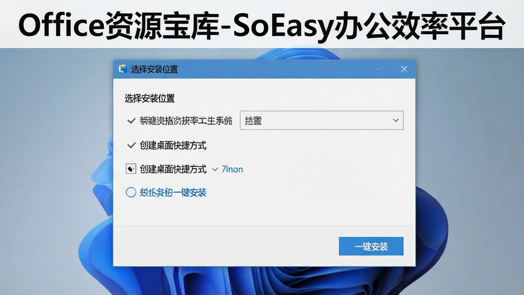 一张展示Office资源宝库-SoEasy办公效率平台安装向导界面的图片,画面主体为软件安装对话框,窗口内显示“选择安装位置”与“创建桌面快捷方式”等选项,下方有“一键安装”按钮,界面风格清爽,配色以浅灰与蓝色为主,屏幕上方有“Office资源宝库-SoEasy办公效率平台”标题,画质清晰,无杂乱元素。