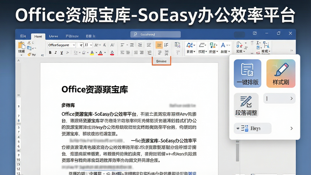 一张展示Office资源宝库-SoEasy办公效率平台文档美化功能的界面图,画面主体为Word文档编辑界面,右侧悬浮着一个功能面板,面板上排列着“一键排版”“样式刷”“段落调整”等按钮图标,文档页面中文字段落整齐,标题醒目,整体风格简洁高效,屏幕上方有“Office资源宝库-SoEasy办公效率平台”字样,画质清晰,色彩干净。