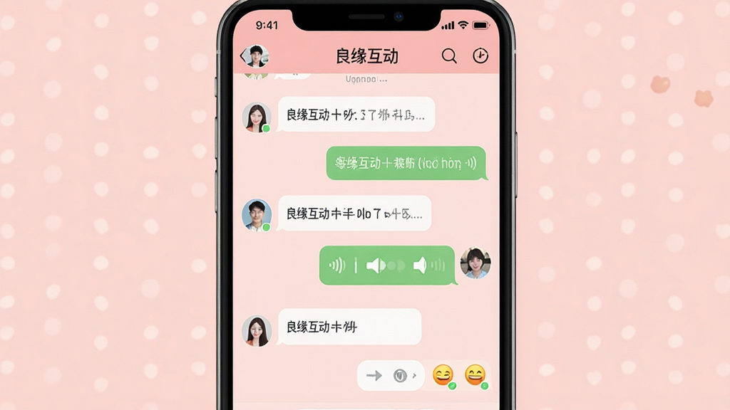 一张展示良缘互动聊天界面的手机截图风格图片,画面中手机屏幕显示聊天对话窗口,包含文字气泡、语音条和表情图标,背景为淡粉色,布局居中,排版突出聊天内容,风格温馨友好,细节包括“良缘互动”顶部栏和用户头像,画质高清,干净无多余元素