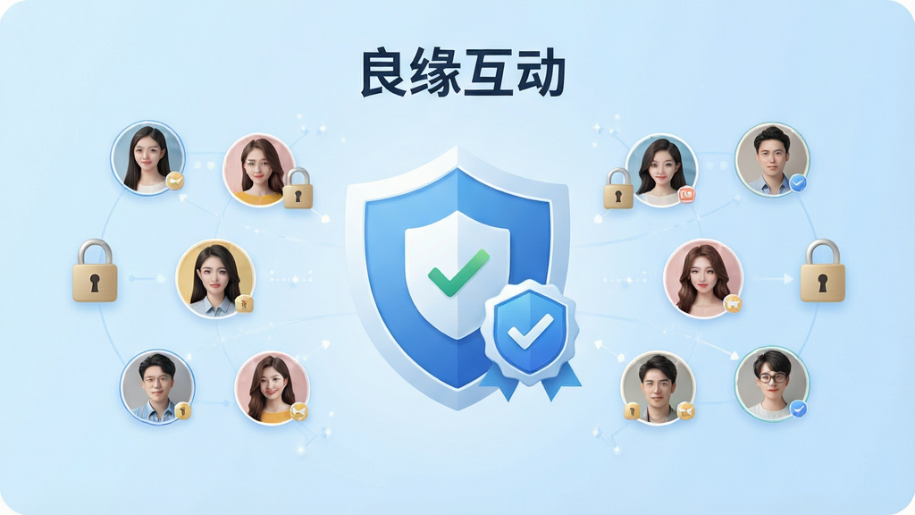 一张展示良缘互动安全认证功能的横版信息图,画面中央是一个盾牌图标与实名认证徽章,周围环绕用户头像和锁形符号,背景为浅蓝色渐变,布局中心对称,排版简洁,风格安全可靠,细节包括“良缘互动”文字和认证标识,画质高清,干净无多余元素