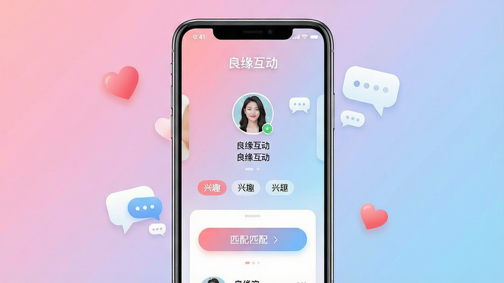 一张展示良缘互动软件核心全貌的竖版手机界面截图风格图片,画面中央是一部现代智能手机,屏幕显示良缘互动应用的主页,包含用户头像卡片、兴趣标签和匹配按钮,背景是柔和的粉蓝渐变色调,周围点缀爱心和聊天气泡元素,布局简洁居中,排版突出手机主体,风格清新现代,细节包括屏幕上的“良缘互动”文字标识和卡片式用户资料,画质高清,干净无多余元素