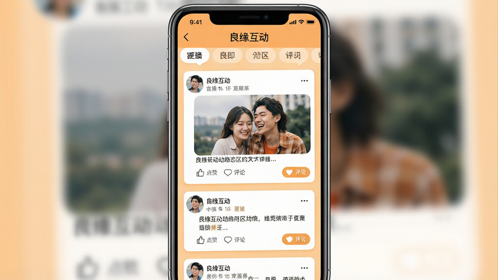 一张展示良缘互动动态社区功能的竖版手机界面图片,画面中手机屏幕显示动态信息流,包含用户发布的照片、文字和点赞评论按钮,背景为浅橙色,布局上下滚动式,排版突出内容卡片,风格活泼明快,细节包括“良缘互动”顶部导航和标签栏,画质高清,干净无多余元素