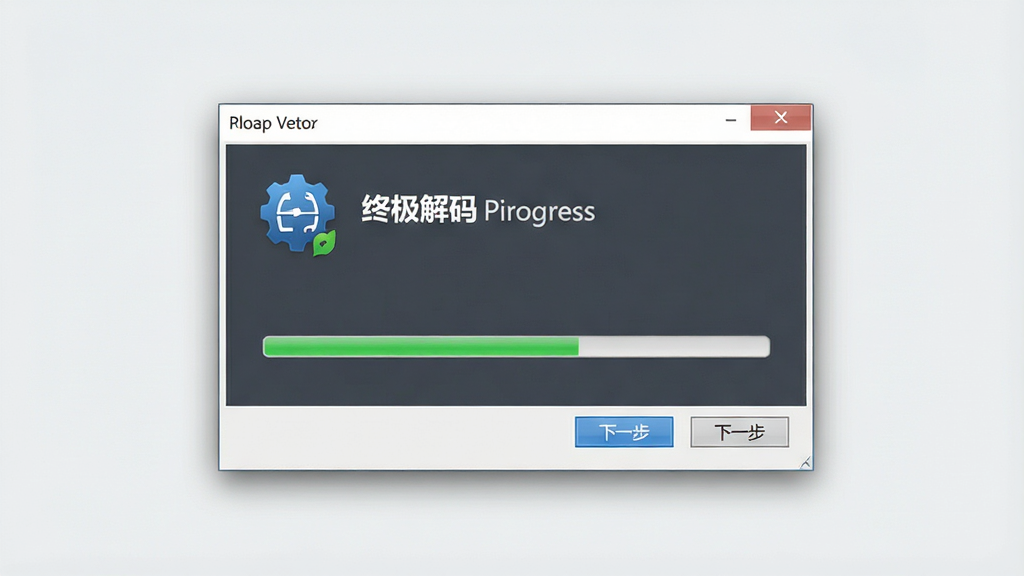 一张电脑软件安装界面的示意图,画面中心是一个简洁的安装向导窗口,带有“下一步”按钮和进度条。布局居中,排版清晰。风格为简约商务风,细节包括窗口阴影柔和、背景为干净的浅灰色,画质清晰干净,无多余元素,画面中带有“终极解码”文字标识。