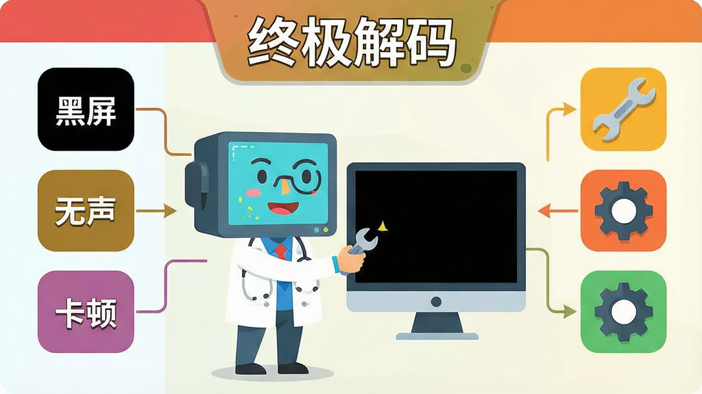 一张电脑故障排查的流程图,画面主体是一个卡通电脑医生形象,正在检查一台显示黑屏的显示器。布局左侧是问题列表(黑屏、无声、卡顿),右侧是解决方案图标(扳手、齿轮)。风格为扁平化插画风,细节包括颜色鲜艳、图标简洁,画质清晰干净,无多余元素,画面中带有“终极解码”文字标识。