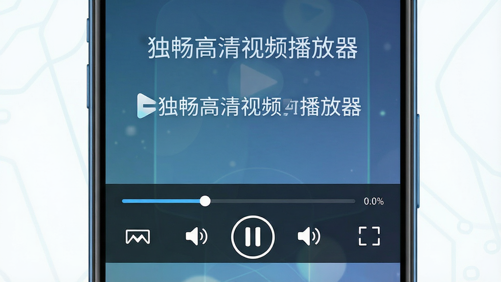 主体是一部智能手机屏幕特写,布局居中展示视频播放界面,排版采用上下结构上方为软件名称“独畅高清视频播放器”字样下方为播放控制栏,风格为现代科技感扁平化设计,细节包含进度条、音量图标、全屏按钮等元素,画质为高清渲染干净无多余元素