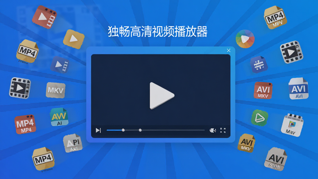 主体是软件界面截图风格插画,布局为中央大屏播放画面周围环绕多种视频格式图标,排版采用放射状构图,风格为科技蓝渐变扁平风,细节包含“独畅高清视频播放器”文字标识和MP4、MKV、AVI等格式标签,画质清晰干净无多余元素