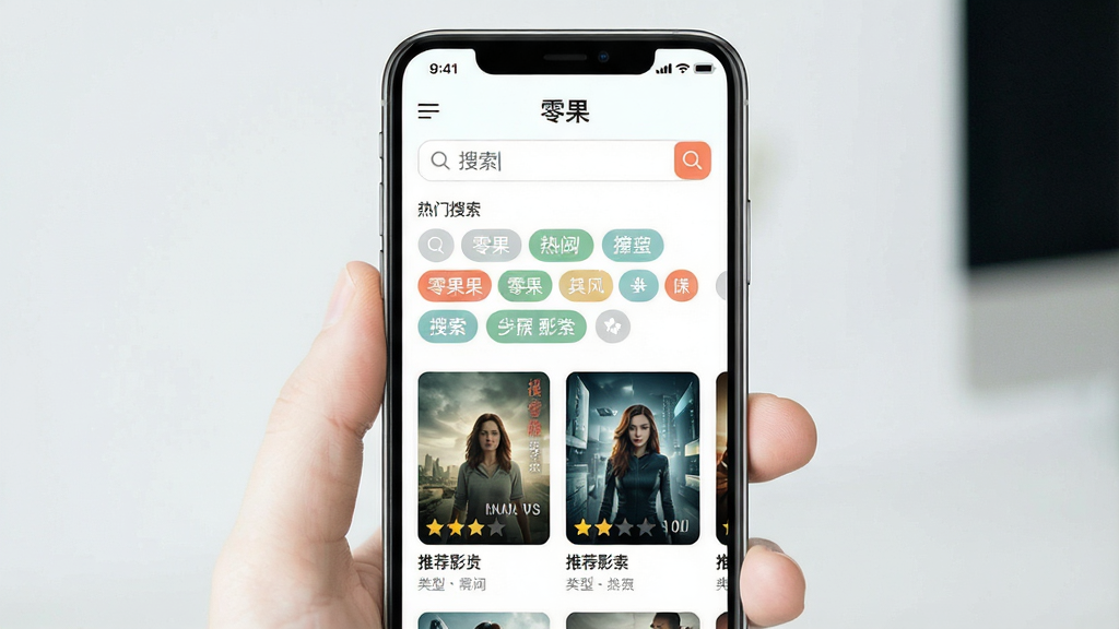 一张展示手机应用搜索与推荐界面的图片,画面中央为一部竖屏手机,屏幕中显示“零果”应用的搜索页面,顶部为搜索输入框,下方为热门搜索词标签云与推荐影片卡片,布局为上下结构排版,风格清新浅色,细节包括放大镜图标、热门标签底色、影片卡片上的评分与类型文字,画质清晰,干净,无多余元素