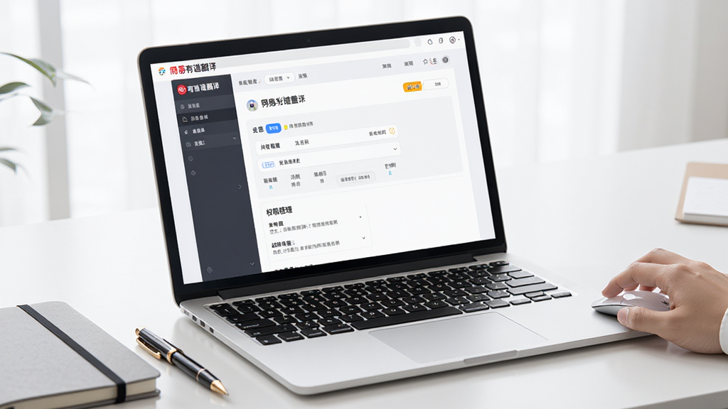画面中央是一台笔记本电脑,屏幕上显示着网易有道翻译的设置界面,界面中展示着快捷键设置和权限管理选项,旁边有一只手正在点击鼠标,背景是干净整洁的办公桌面,桌面上有笔记本和笔,整体风格为现代简约商务风,光线明亮柔和,细节清晰,画质高清,干净无多余元素,图片中文字内容为“网易有道翻译”