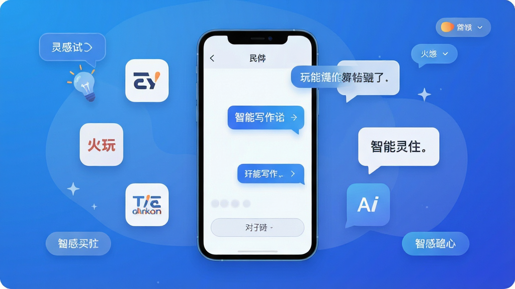 玩点AI软件主界面展示,中央放置手机模型,屏幕显示智能写作对话框,周围环绕文案图标与灵感气泡,布局采用居中对称构图,排版简洁清晰,风格为现代科技感扁平插画,细节包含渐变蓝色背景、悬浮按钮、文字气泡,画质高清,干净,无多余元素