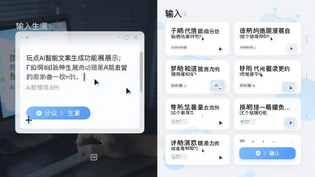 玩点AI智能文案生成功能展示,画面左侧为输入框,右侧为生成的多条文案卡片,布局采用左右分栏排版,风格为清爽浅色系UI插画,细节包含文字流、光标闪烁、确认按钮,画质高清,干净,无多余元素