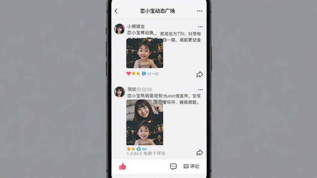 恋小宝动态广场页面,手机屏幕展示多条用户动态,包含图片和文字内容,下方有点赞和评论图标,背景为浅灰色,整体布局整洁,风格简约商务,画质清晰,无多余元素