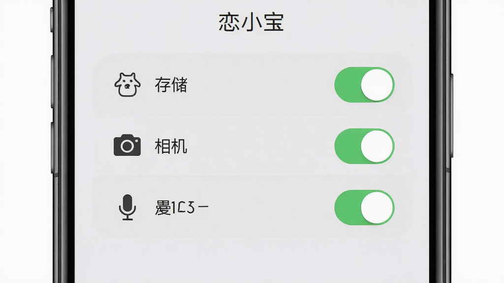 恋小宝安装设置界面示意图,手机屏幕显示权限管理页面,包含存储、相机、麦克风等开关选项,背景为浅灰色,风格清爽素雅,画质清晰,无多余元素