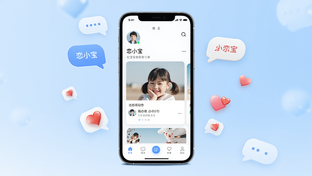 恋小宝社交应用主界面展示,画面中央放置一部智能手机,手机屏幕显示恋小宝应用首页,包含用户头像、动态卡片和底部导航栏,背景为浅蓝色渐变,周围点缀聊天气泡和爱心图标,整体风格清新简约,画质清晰干净,无多余元素