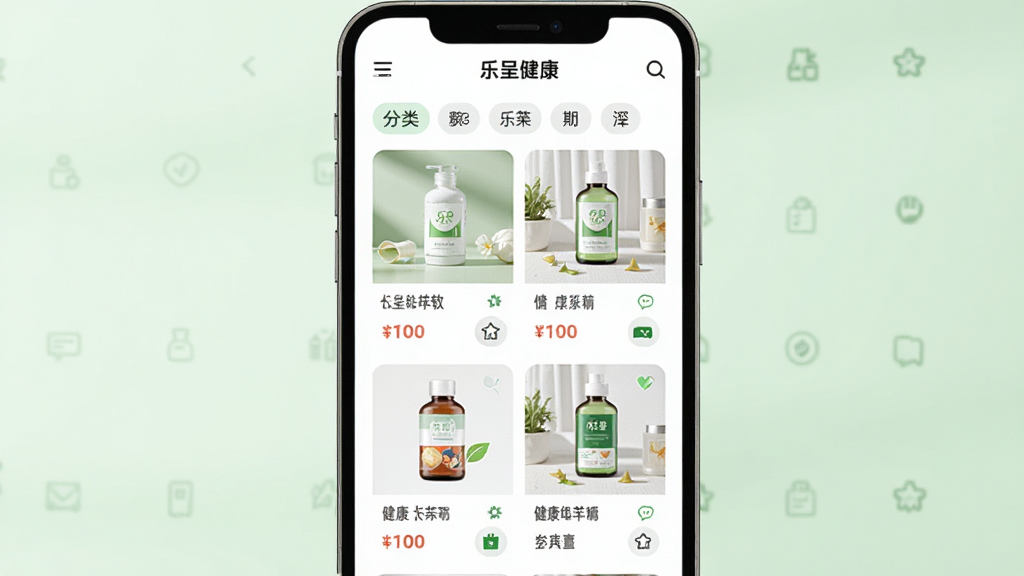 画面主体为乐呈健康软件的私域选品商城页面,页面展示健康商品卡片与分类标签,手机屏幕居中显示,背景为浅绿色柔和色调,布局采用网格排列,上方显示软件名称
