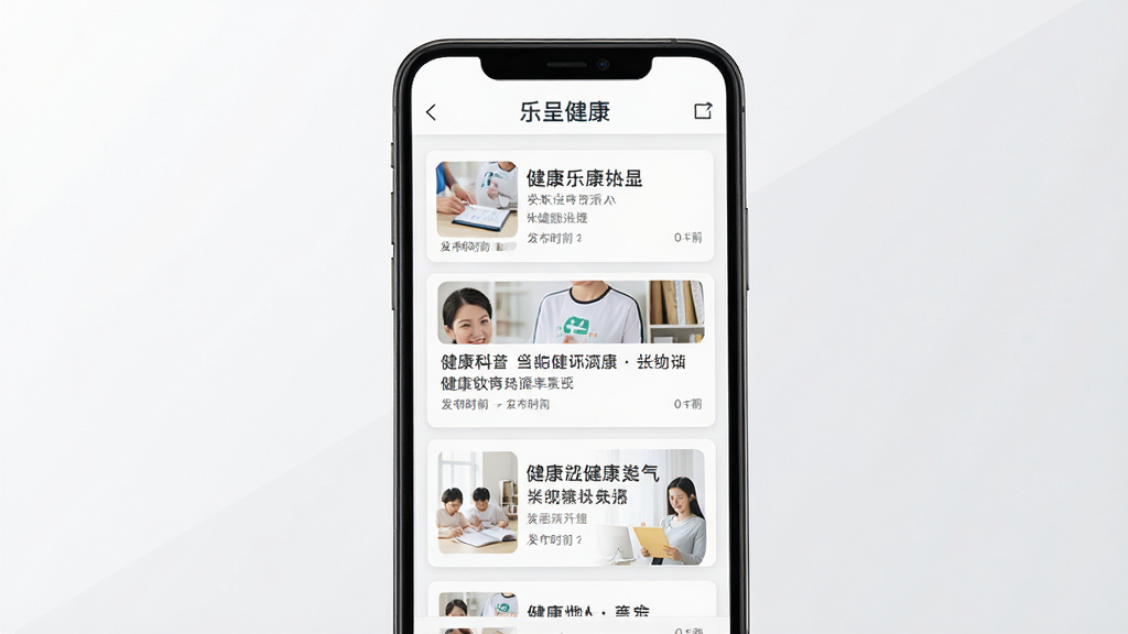 画面主体为乐呈健康软件的健康资讯阅读页面,页面展示健康科普文章列表与配图,手机屏幕居中显示,背景为白色与浅灰搭配,布局采用卡片式列表,上方显示软件名称