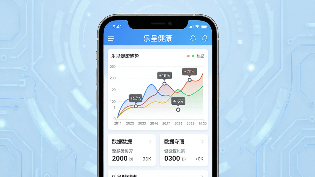 画面主体为乐呈健康软件的健康数据趋势图表页面,页面展示折线图与数据记录卡片,手机屏幕居中显示,背景为浅蓝色科技感色调,布局采用上下结构,上方显示软件名称