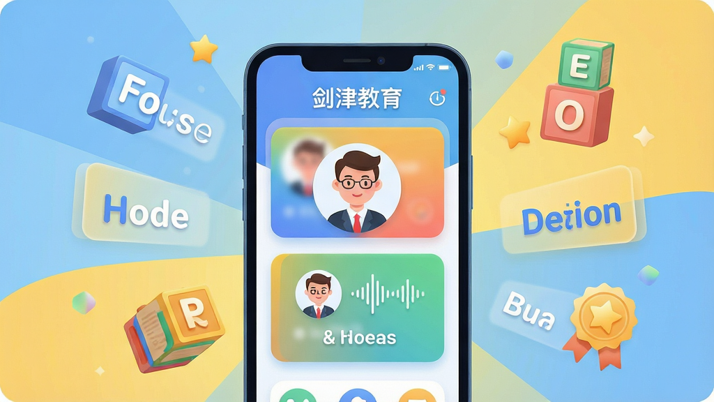 一幅展示“剑津教育”英语学习软件核心界面的数字插画,画面中央是一部智能手机,屏幕内显示色彩明快的课程卡片、卡通外教头像与语音波形图标,周围环绕悬浮的英文单词、字母积木和星星奖励徽章,布局采用中心辐射式构图,风格为现代扁平化教育插画,细节包括柔和的蓝黄渐变背景、圆润的图标边角与干净的光影层次,画质清晰明亮,无多余杂乱元素。
