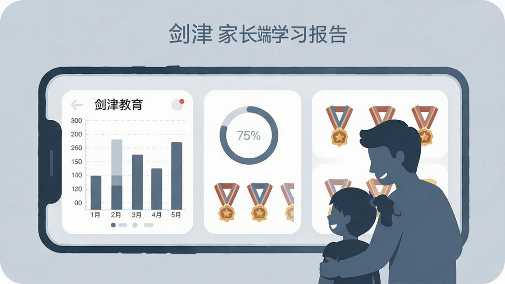 一幅展示“剑津教育”家长端学习报告的插画,画面中央是手机屏幕上的数据图表,包括柱状图、环形进度条和勋章墙,旁边有一个家长与孩子共同查看的卡通剪影,布局采用上下分区结构,风格为简洁商务教育插画,细节包括柔和的灰蓝底色、清晰的图表刻度与圆角卡片,画质干净整洁,无多余装饰。