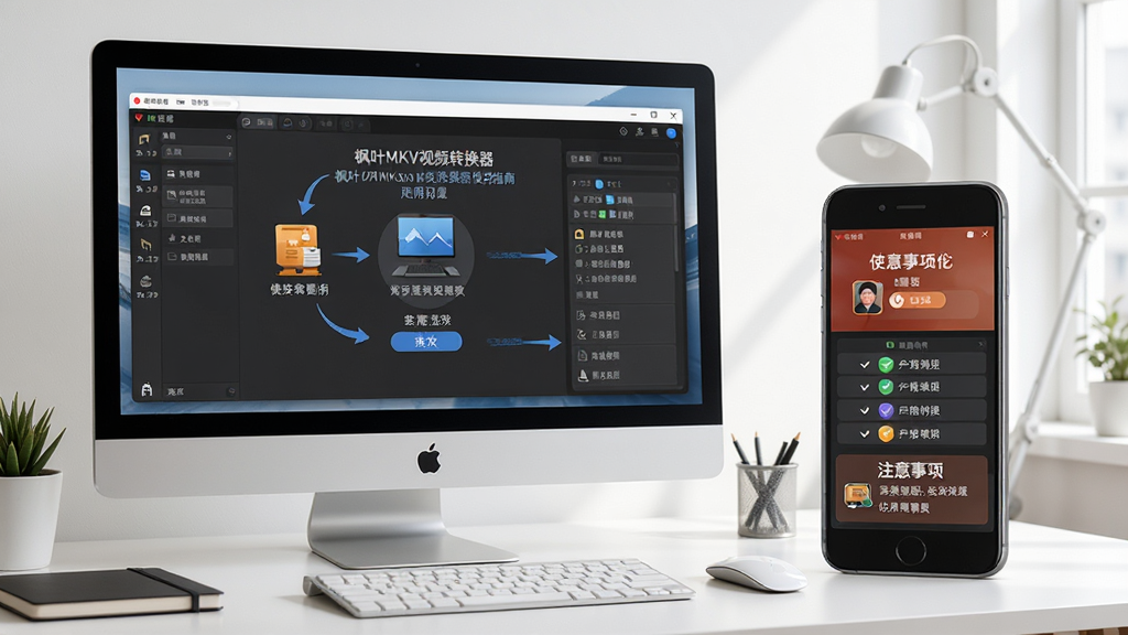 枫叶MKV视频转换器使用指南示意图,画面中展示电脑和手机两个设备同时运行软件,界面中标注操作步骤和注意事项,背景为干净的办公桌面,风格清晰易懂,细节丰富,画质高清,干净无多余元素