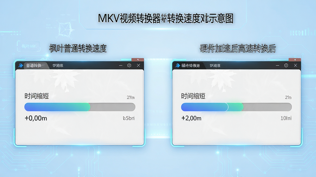 枫叶MKV视频转换器转换速度对比示意图,画面左侧为普通转换速度,右侧为硬件加速后的高速转换,界面中显示时间缩短的进度条,背景为科技感浅蓝色调,风格直观清晰,细节到位,画质高清,干净无多余元素