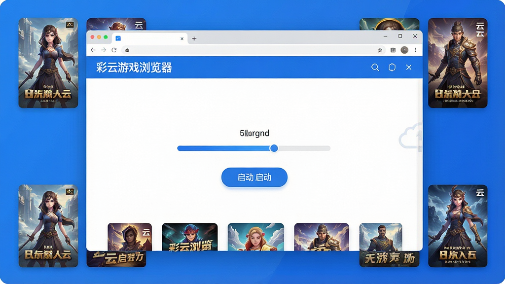 一张展示彩云游戏浏览器云游戏启动过程的界面图,画面主体是浏览器窗口,窗口中央有游戏加载进度条与启动按钮,周围环绕着多款游戏封面缩略图,风格简洁明快,配色以蓝色和白色为主,画面中文字标注“彩云游戏浏览器”,画质高清,干净无杂物