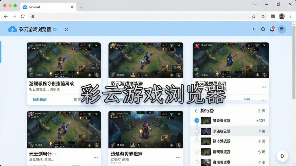 一张展示彩云游戏浏览器资讯聚合页面的截图风格图,画面中浏览器窗口内排列着游戏新闻卡片与排行榜列表,卡片上有游戏截图和标题文字,布局整齐,风格清爽,色调以浅蓝和白色为主,画面中标注“彩云游戏浏览器”,画质清晰,无多余装饰
