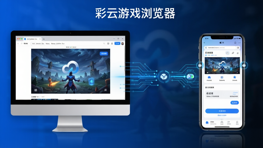 一张展示彩云游戏浏览器在电脑端与移动端同时运行的对比示意图,画面左侧为电脑屏幕显示浏览器云游戏界面,右侧为手机屏幕显示移动端界面,两者之间用连接线表示数据同步,风格科技感,配色蓝白为主,画面中标注“彩云游戏浏览器”,画质清晰,布局整洁