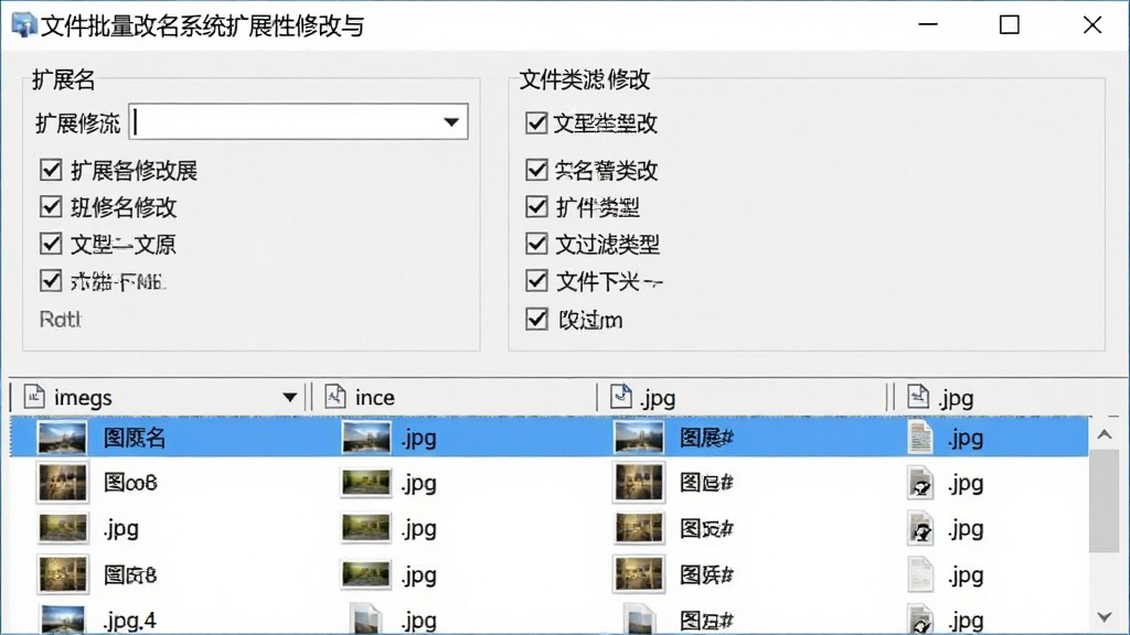 一张展示文件批量改名系统扩展名修改与文件过滤功能的界面图,画面中软件窗口内显示“扩展名”修改选项以及文件类型勾选列表,下方文件列表中仅显示图片文件,文件名旁标注有“.jpg”字样,背景为浅灰色,风格为写实软件截图,画质干净,无多余元素