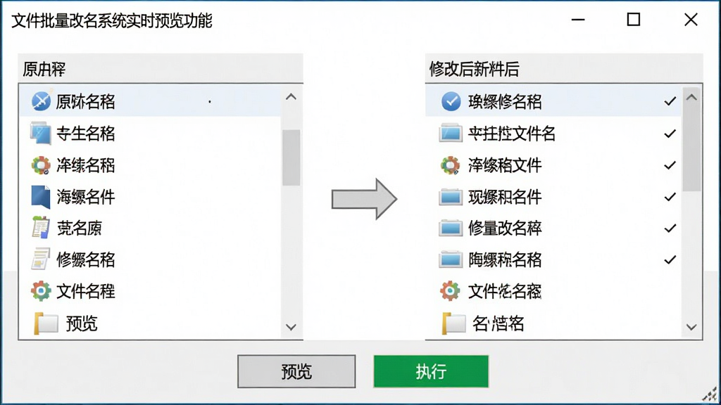 一张展示文件批量改名系统实时预览功能的界面图,画面中软件窗口内左侧显示原文件名,右侧显示修改后的新文件名,中间有箭头连接,窗口下方有“预览”和“执行”按钮,背景为白色,风格为写实软件截图,细节清晰,画质干净,无多余元素
