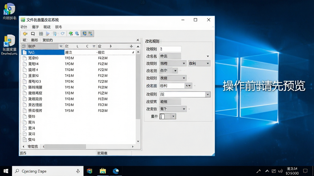 一张展示文件批量改名系统在Windows电脑上运行时的操作界面截图,画面中软件窗口内显示文件列表和改名规则设置,窗口旁有提示文字“操作前请先预览”,背景为整洁的电脑桌面,风格为写实软件截图,细节清晰,画质干净,无多余元素