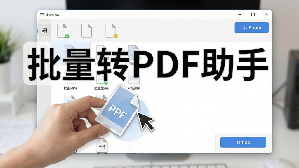 一张展示批量转PDF助手拖拽添加文件功能的图片,画面中一只手将文件拖入软件窗口,窗口内显示文件列表和添加按钮。布局为操作演示式,风格为现代办公风,细节包括鼠标指针、文件图标、拖拽轨迹,画质清晰干净,无多余元素,图片中文字标注