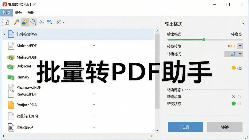 一张展示批量转PDF助手软件界面的图片,画面中央是软件主窗口,左侧显示待转换文件列表,右侧是输出格式选项和转换按钮,整体布局简洁清晰。风格为现代办公软件截图风格,细节包括文件图标、进度条、转换状态标识,画质清晰干净,无多余元素,图片中文字标注