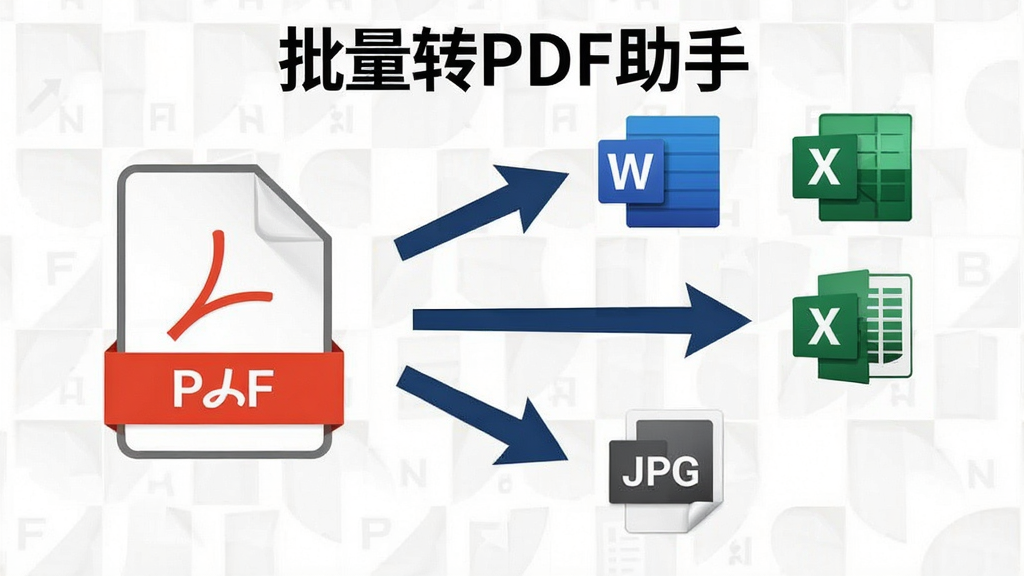 一张展示批量转PDF助手PDF反向转换功能的图片,画面左侧是PDF文件图标,右侧分别指向Word、Excel、JPG三个格式图标,箭头清晰。布局为发散式,风格为简约商务风,细节包括格式图标、转换方向标识,画质清晰干净,无多余元素,图片中文字标注