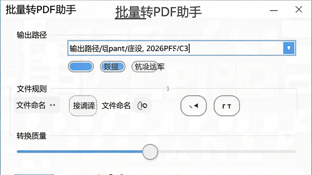 一张展示批量转PDF助手输出设置界面的图片,画面中显示输出路径选择框、文件命名规则选项和转换质量调节滑块。布局为设置面板式,风格为简洁工具风,细节包括路径输入框、选项按钮、滑块控件,画质清晰干净,无多余元素,图片中文字标注
